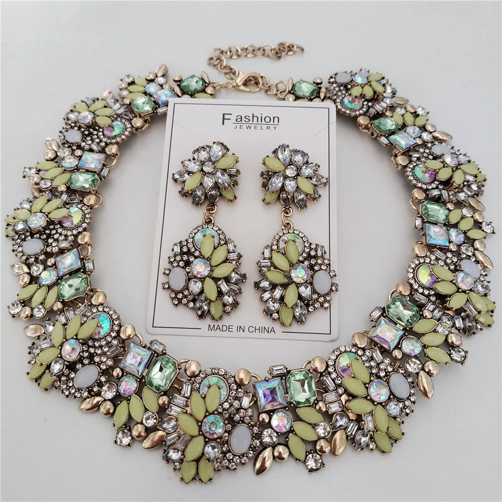Crystal Rhinestones Large Collar Choker Necklace Earrings Jewelry Sets
