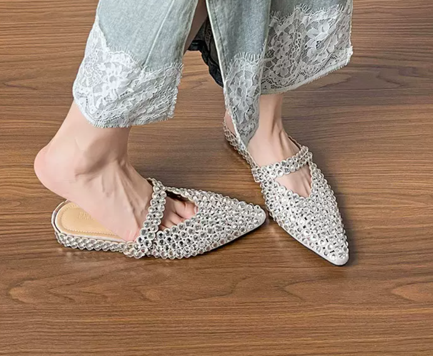 Luxury Crystal Embellished Pointed Toe Mules – Rhinestone Slip-On Evening Shoes for Women