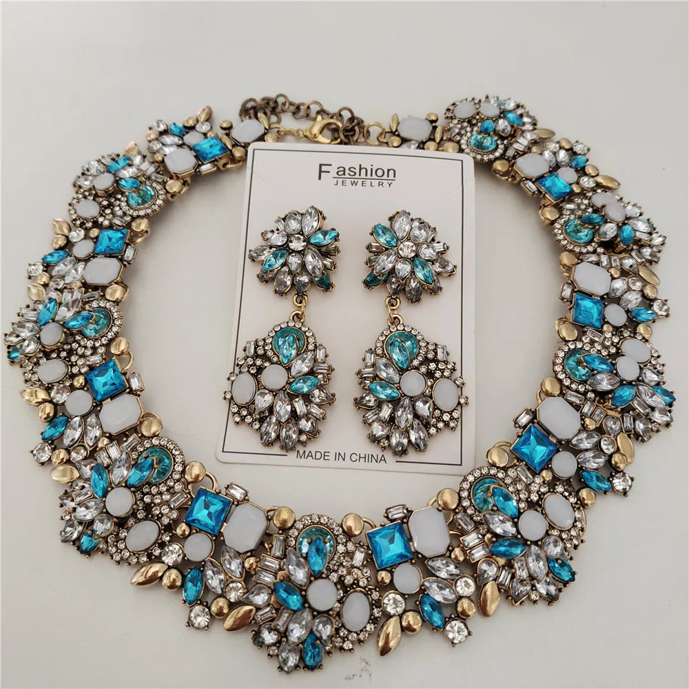 Crystal Rhinestones Large Collar Choker Necklace Earrings Jewelry Sets
