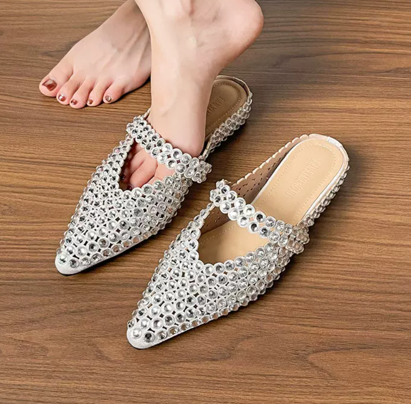 Luxury Crystal Embellished Pointed Toe Mules – Rhinestone Slip-On Evening Shoes for Women