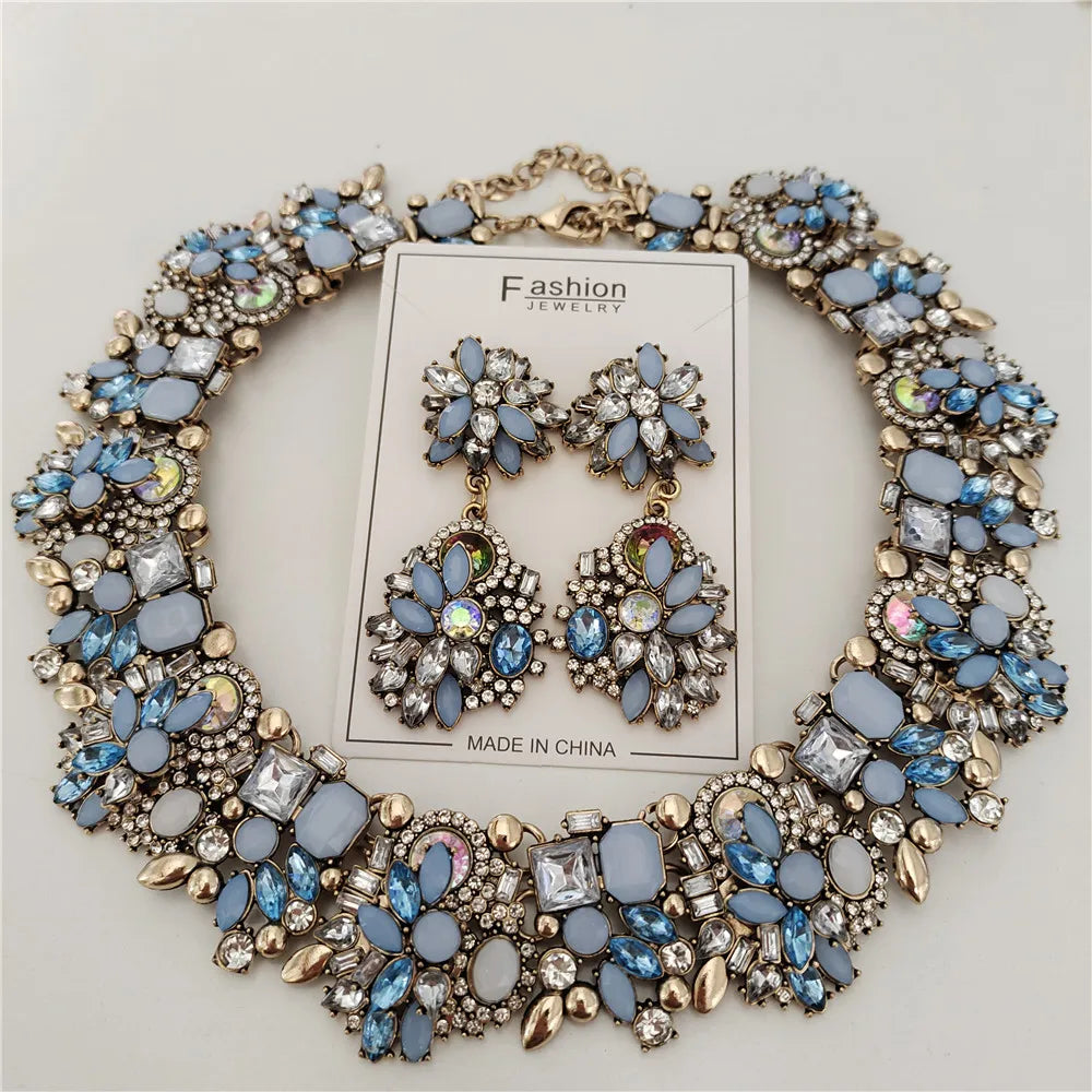 Crystal Rhinestones Large Collar Choker Necklace Earrings Jewelry Sets