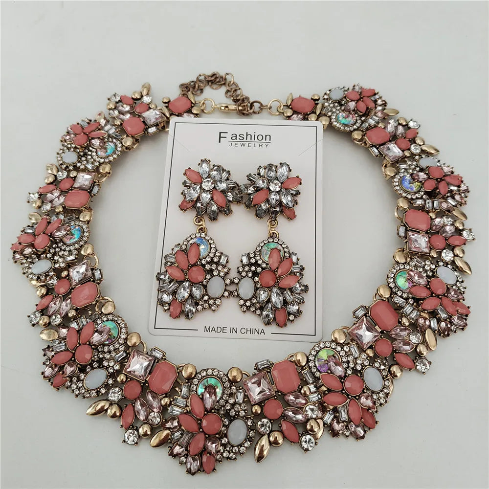 Crystal Rhinestones Large Collar Choker Necklace Earrings Jewelry Sets
