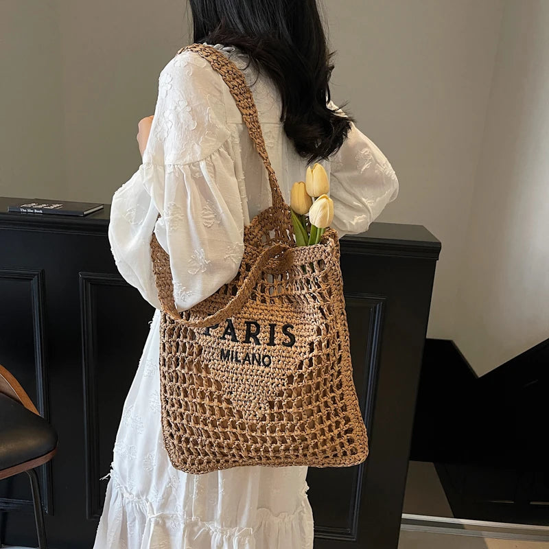 Woven Straw Shoulder Tote Beach Bag