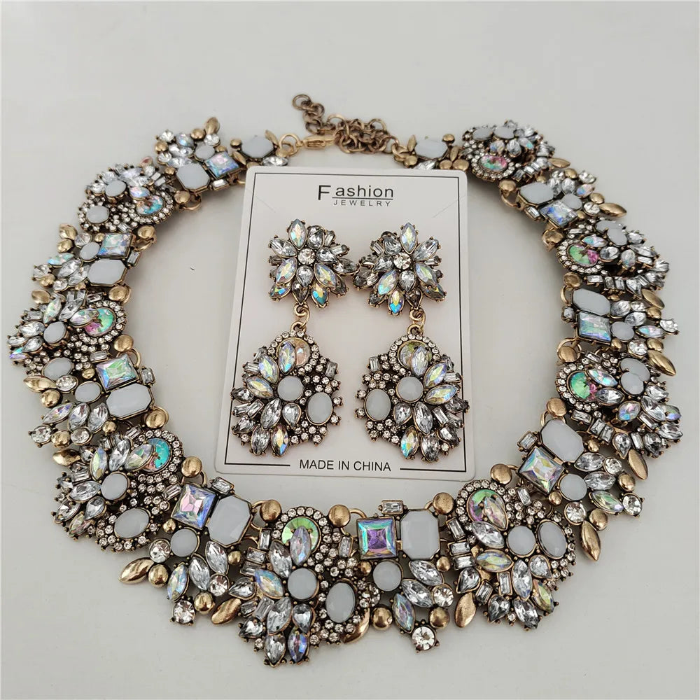Crystal Rhinestones Large Collar Choker Necklace Earrings Jewelry Sets