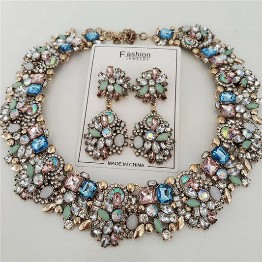 Crystal Rhinestones Large Collar Choker Necklace Earrings Jewelry Sets