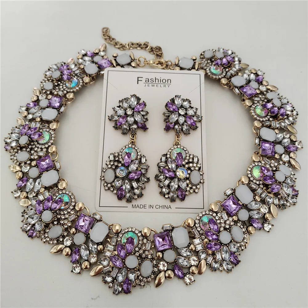 Crystal Rhinestones Large Collar Choker Necklace Earrings Jewelry Sets