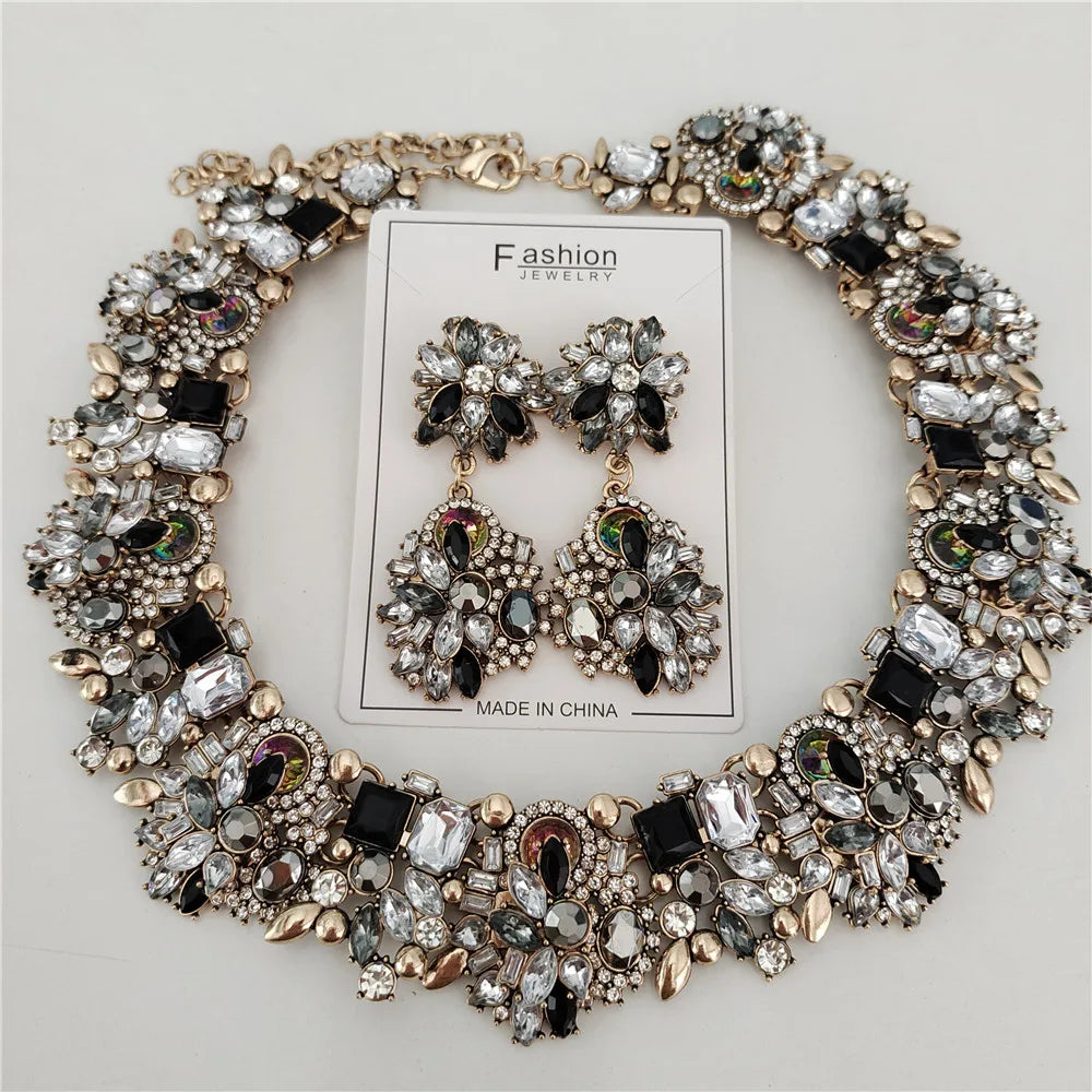 Crystal Rhinestones Large Collar Choker Necklace Earrings Jewelry Sets