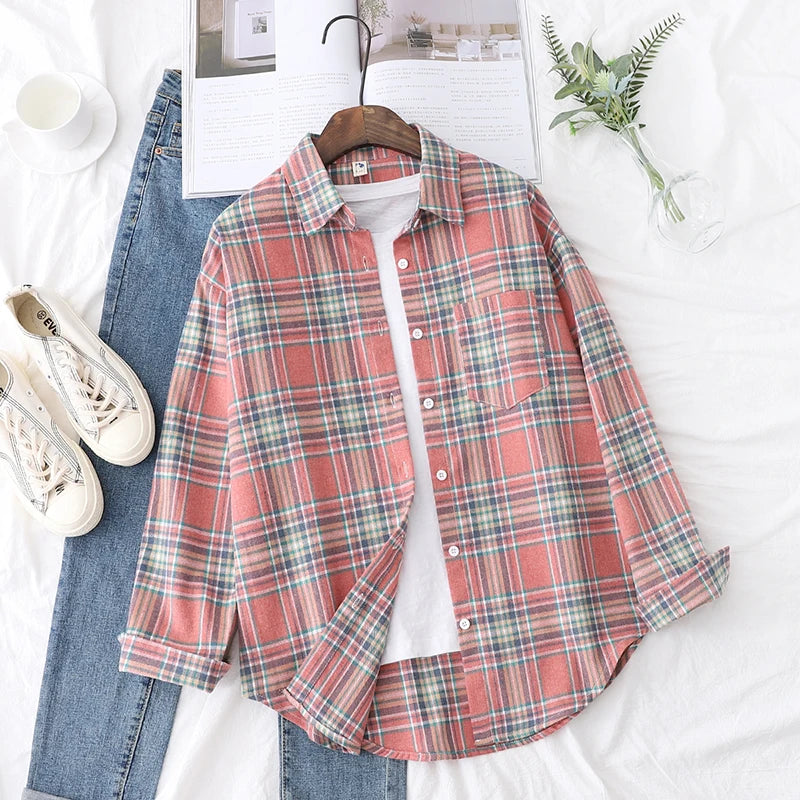 2025 Spring Loose Casual Womens Plaid Shirt Fresh College Style Long Sleeve Blouses And Tops Female Flannel Checked Clothes