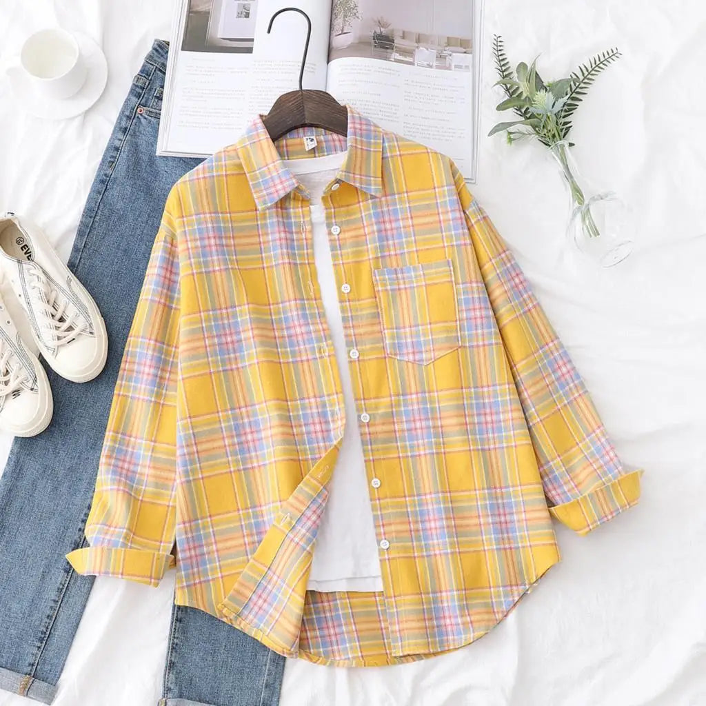2025 Spring Loose Casual Womens Plaid Shirt Fresh College Style Long Sleeve Blouses And Tops Female Flannel Checked Clothes