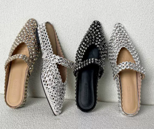 Luxury Crystal Embellished Pointed Toe Mules – Rhinestone Slip-On Evening Shoes for Women