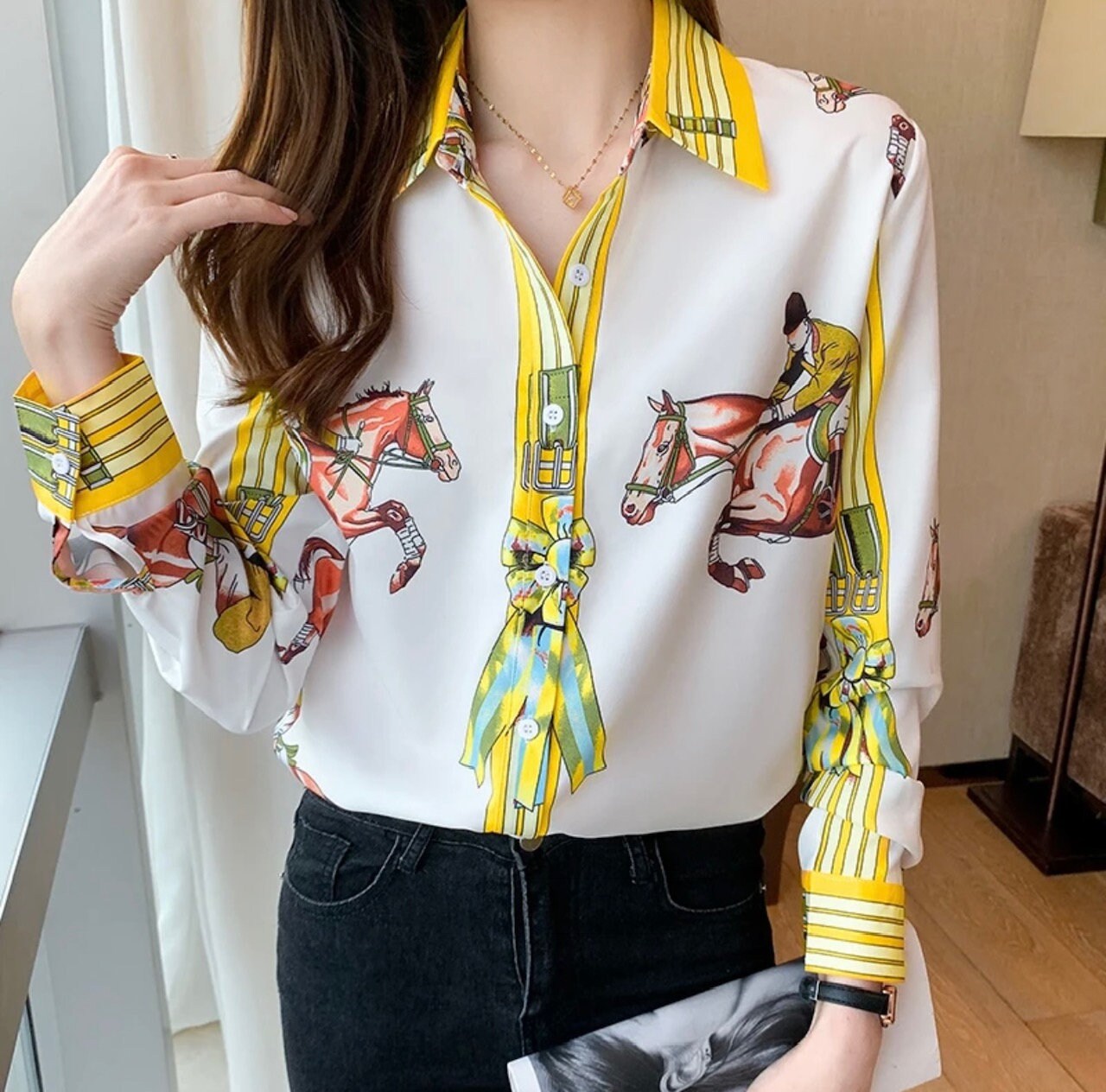 Horse Print Equestrian Parisian Blouse