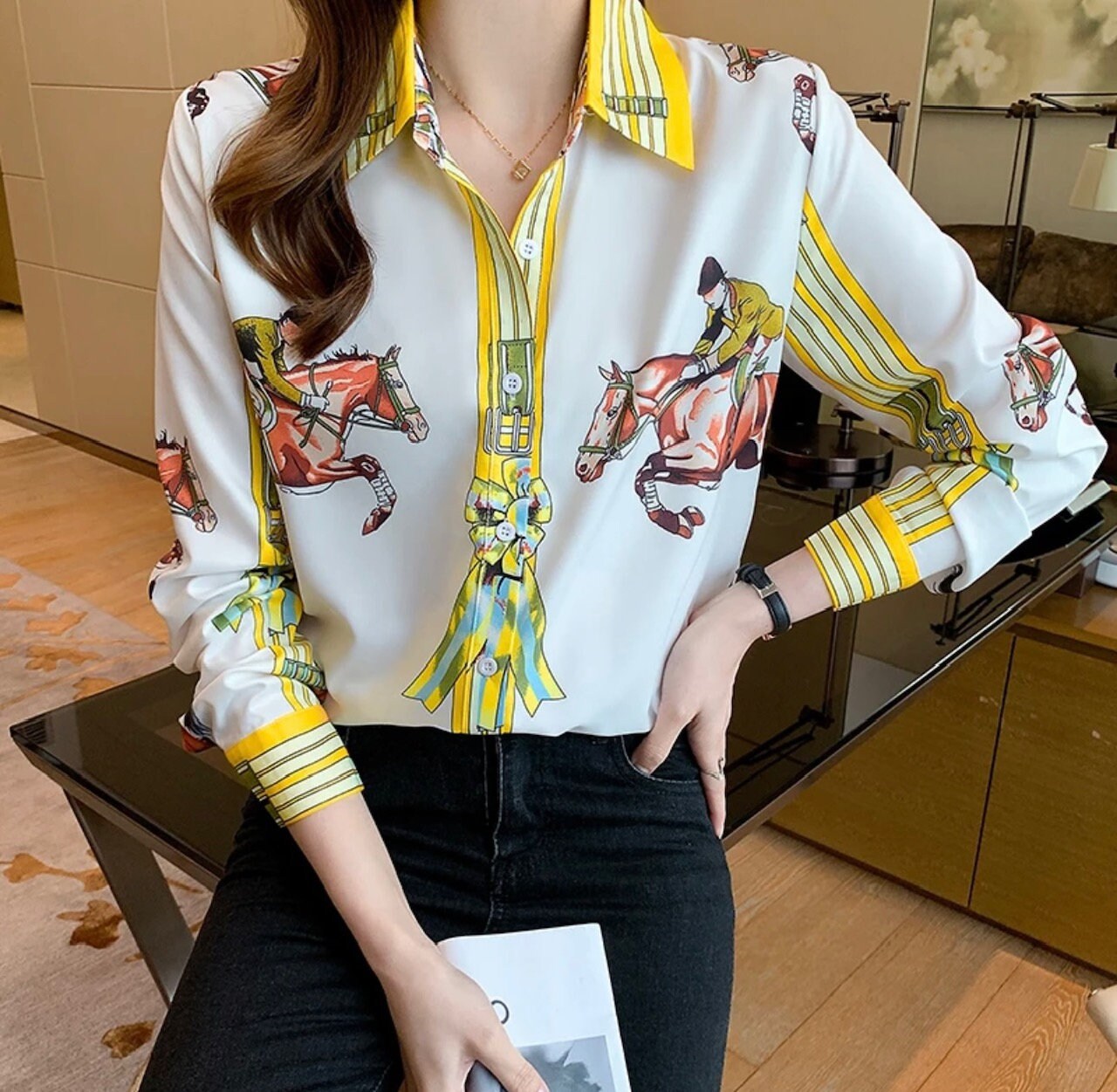 Horse Print Equestrian Parisian Blouse