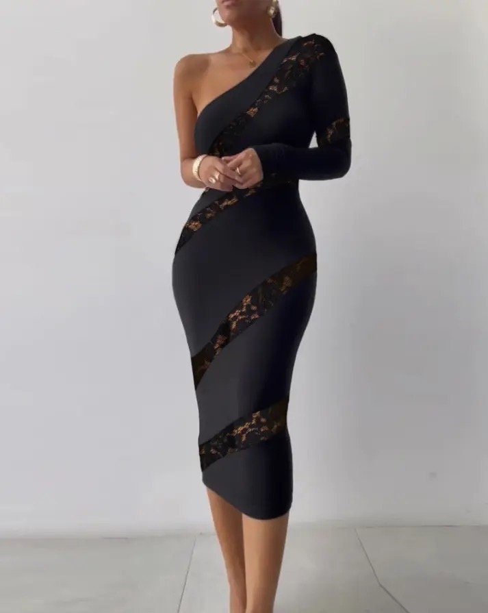 Long Sleeve One Shoulder Bodycon Vintage Dress