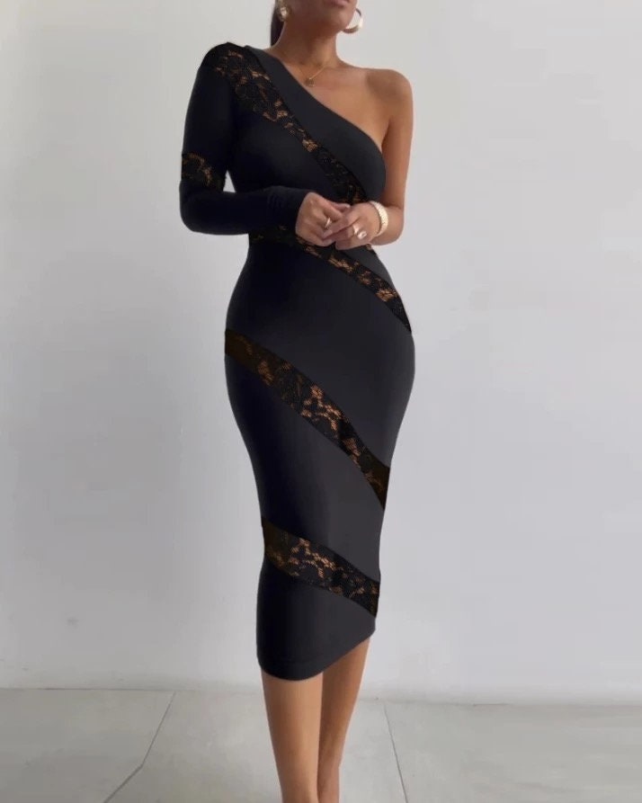 Long Sleeve One Shoulder Bodycon Vintage Dress