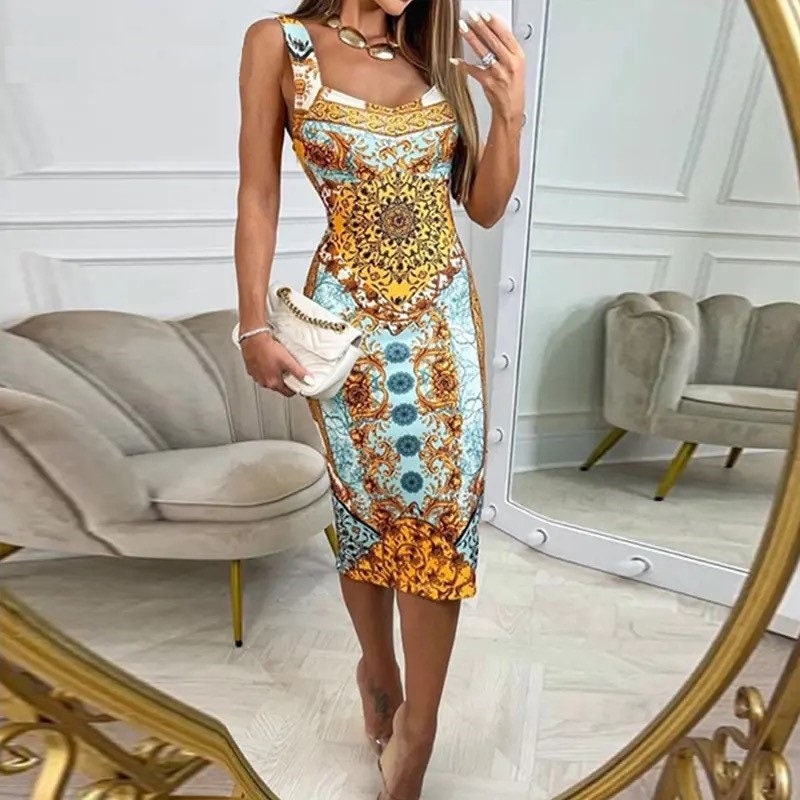 Vintage Print Sleeveless Bodycon Dress